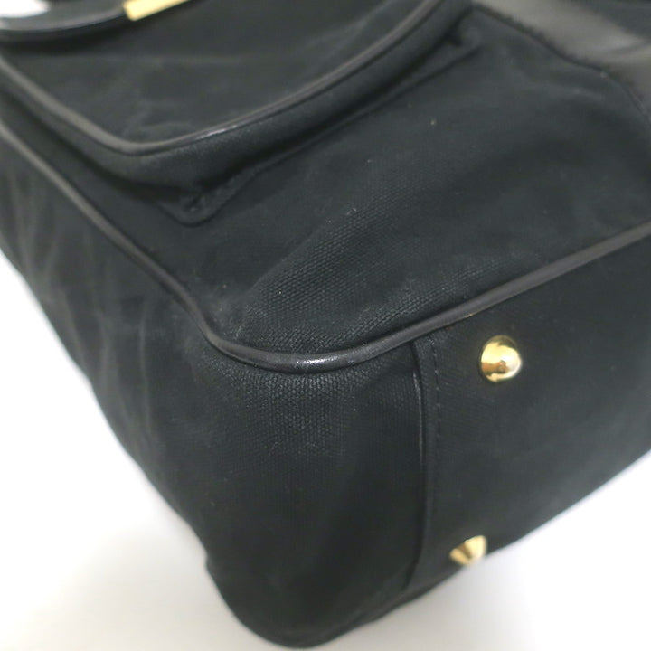 Chloe Braided Strap Front-Pocket Large Tote Black Leather-Trimmed Canvas