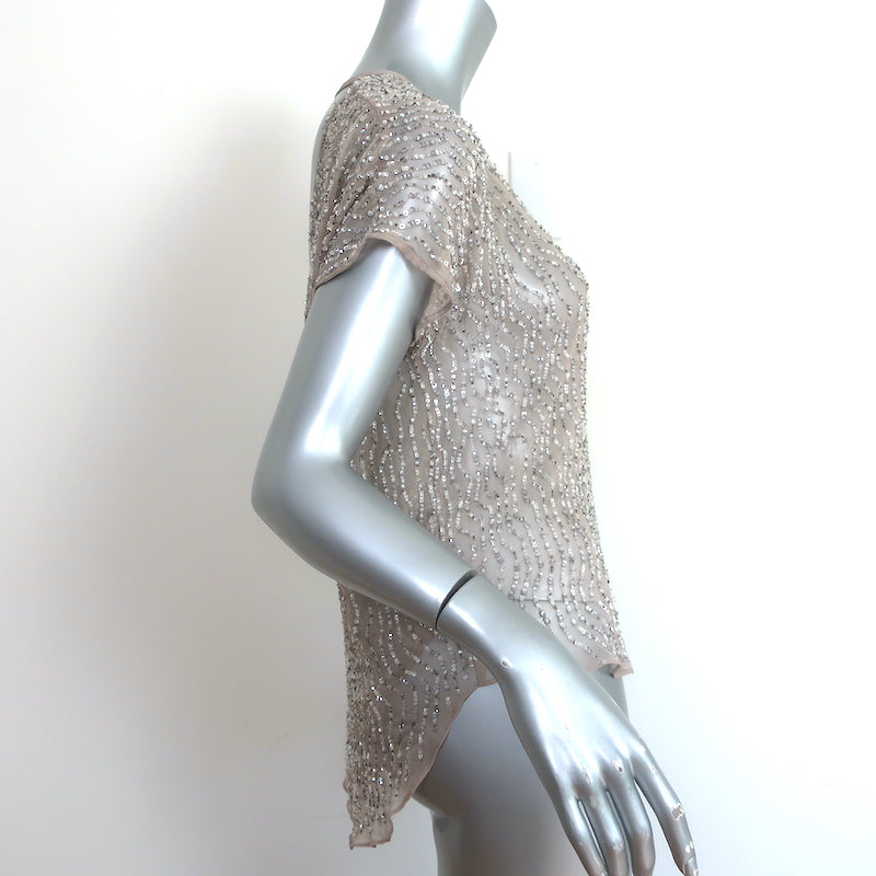 Parker Sequined Chiffon Blouse Taupe Silk Size Small Short Sleeve Top
