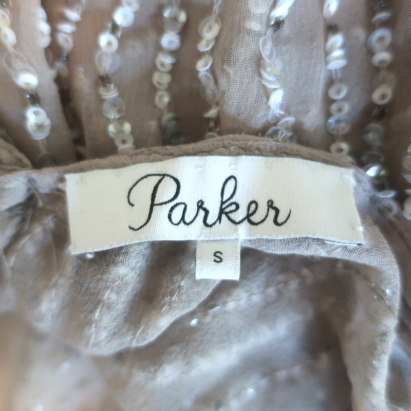 Parker Sequined Chiffon Blouse Taupe Silk Size Small Short Sleeve Top