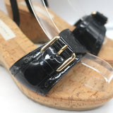 Stella McCartney Linda Cork Wedge Sandals Black Faux Patent Leather Size 38