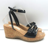 Stella McCartney Linda Cork Wedge Sandals Black Faux Patent Leather Size 38