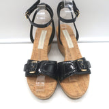 Stella McCartney Linda Cork Wedge Sandals Black Faux Patent Leather Size 38