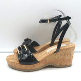 Stella McCartney Linda Cork Wedge Sandals Black Faux Patent Leather Size 38