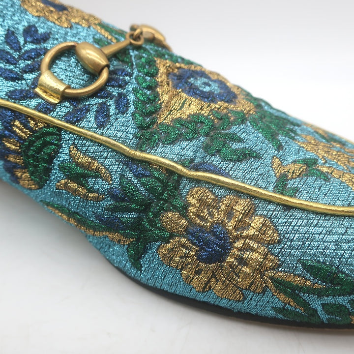 Gucci Metallic Baroque Princetown Horsebit Mules Blue/Gold Size 38