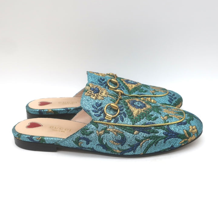 Gucci Metallic Baroque Princetown Horsebit Mules Blue/Gold Size 38