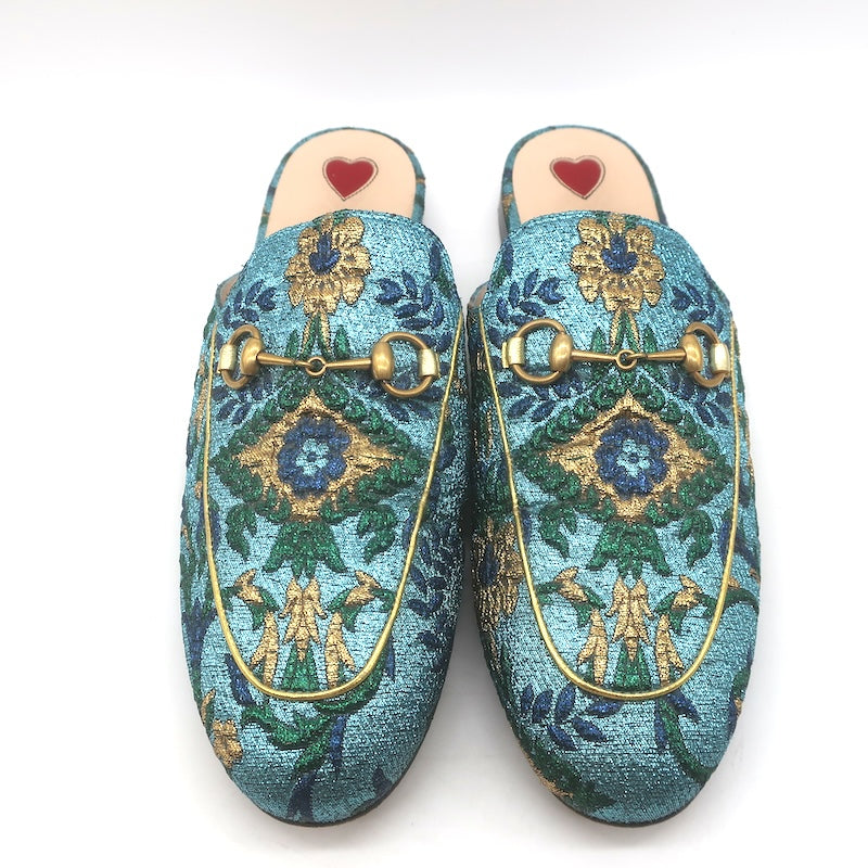 Gucci Metallic Baroque Princetown Horsebit Mules Blue/Gold Size 38