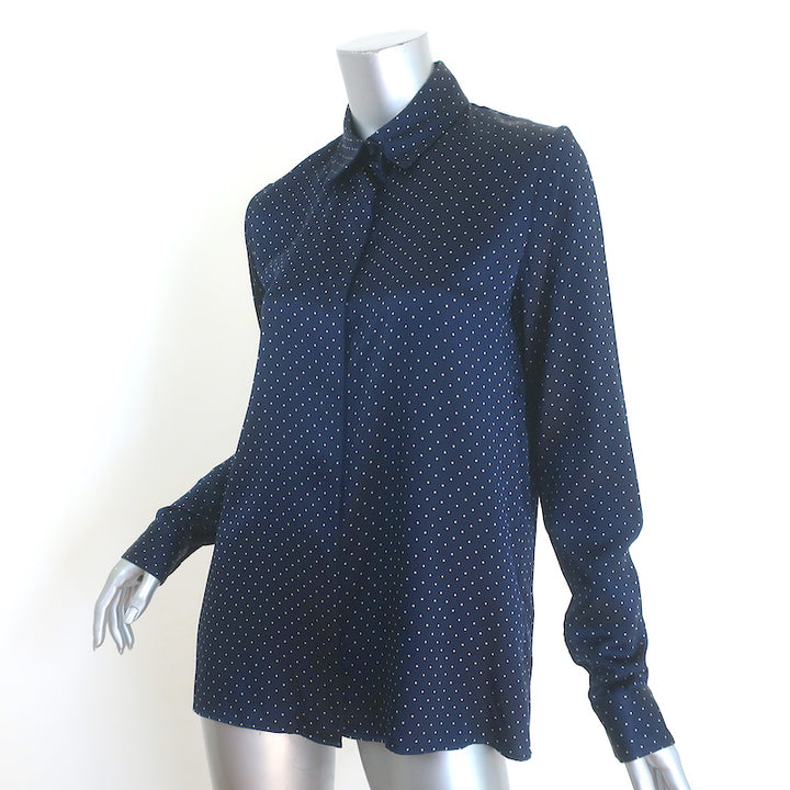 The Row Polka Dot Button-up Shirt Navy Silk Satin Size 4 Long Sleeve Blouse