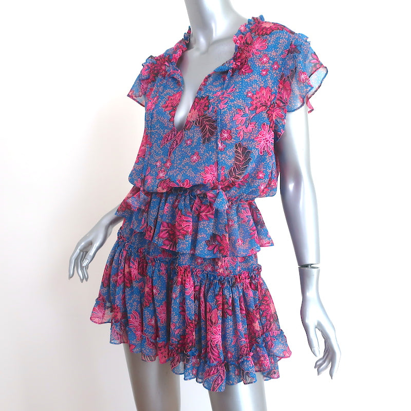 MISA Tiered Mini Dress Lilian Blue/Pink Night Blooms Print Size Extra Small