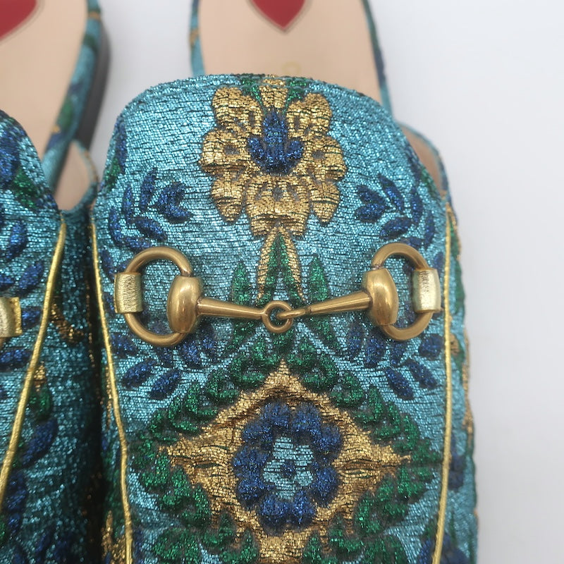 Gucci Metallic Baroque Princetown Horsebit Mules Blue/Gold Size 38