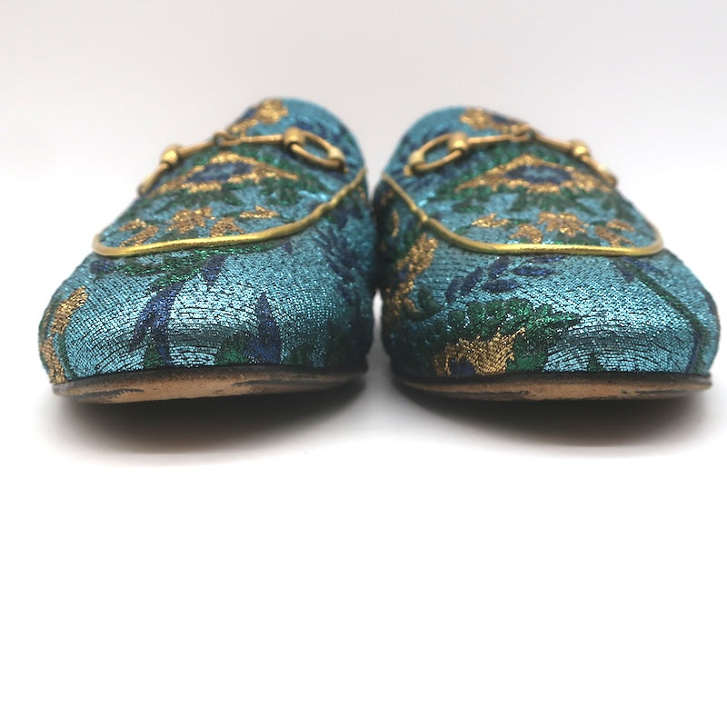 Gucci Metallic Baroque Princetown Horsebit Mules Blue/Gold Size 38