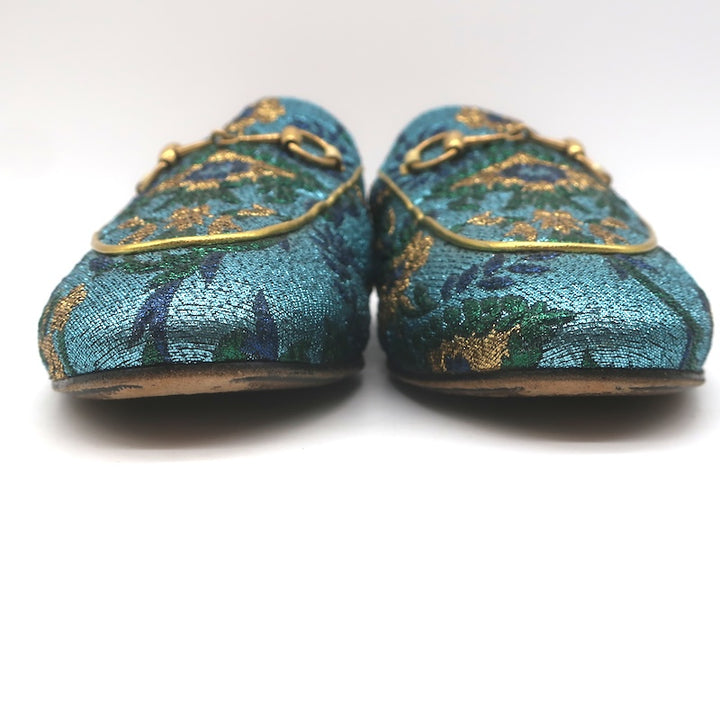 Gucci Metallic Baroque Princetown Horsebit Mules Blue/Gold Size 38