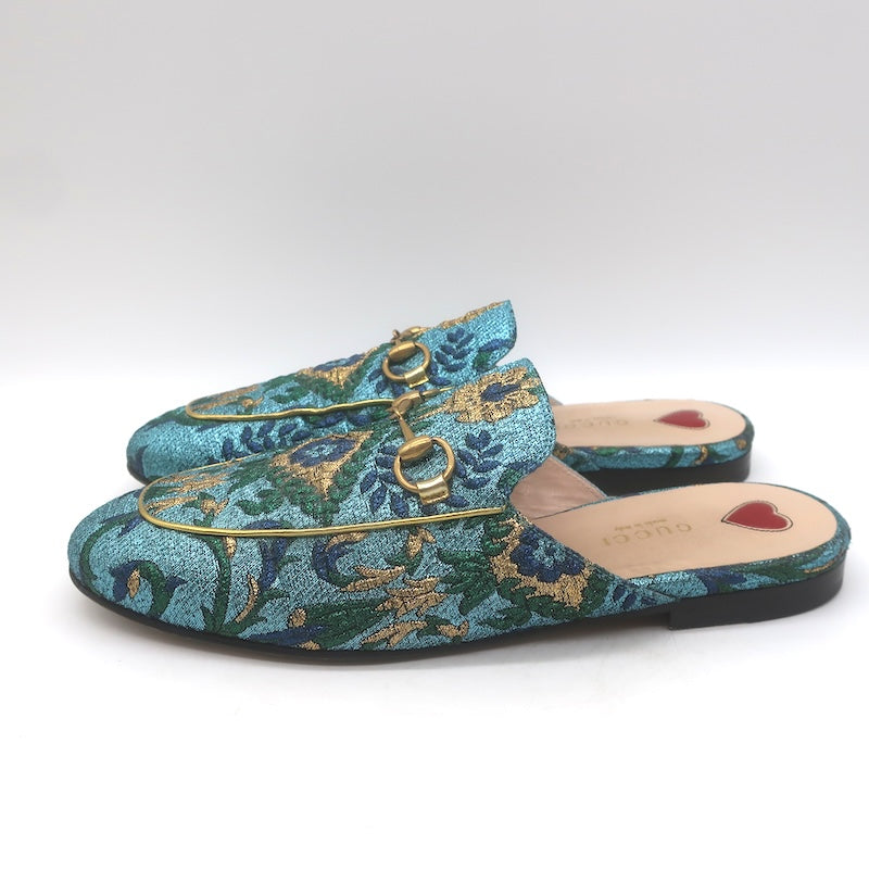Gucci Metallic Baroque Princetown Horsebit Mules Blue/Gold Size 38