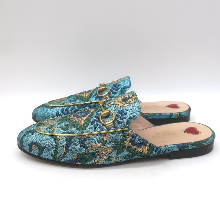Gucci Metallic Baroque Princetown Horsebit Mules Blue/Gold Size 38