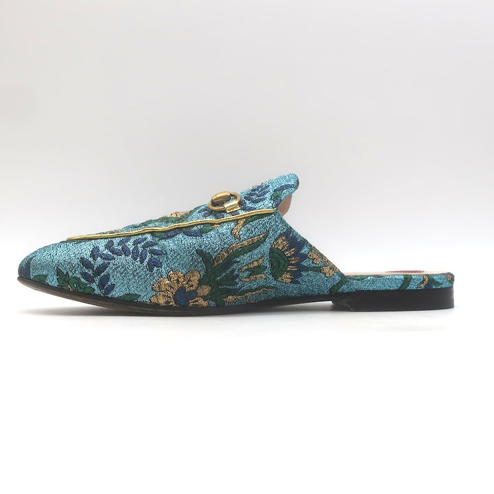 Gucci Metallic Baroque Princetown Horsebit Mules Blue/Gold Size 38