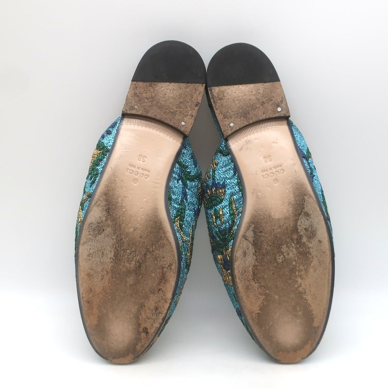Gucci Metallic Baroque Princetown Horsebit Mules Blue/Gold Size 38