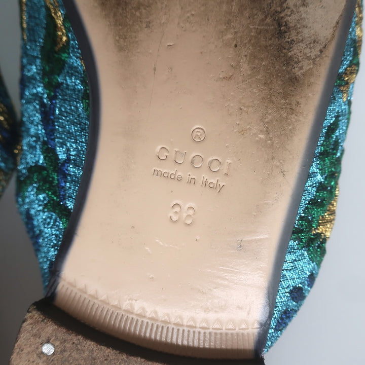 Gucci Metallic Baroque Princetown Horsebit Mules Blue/Gold Size 38