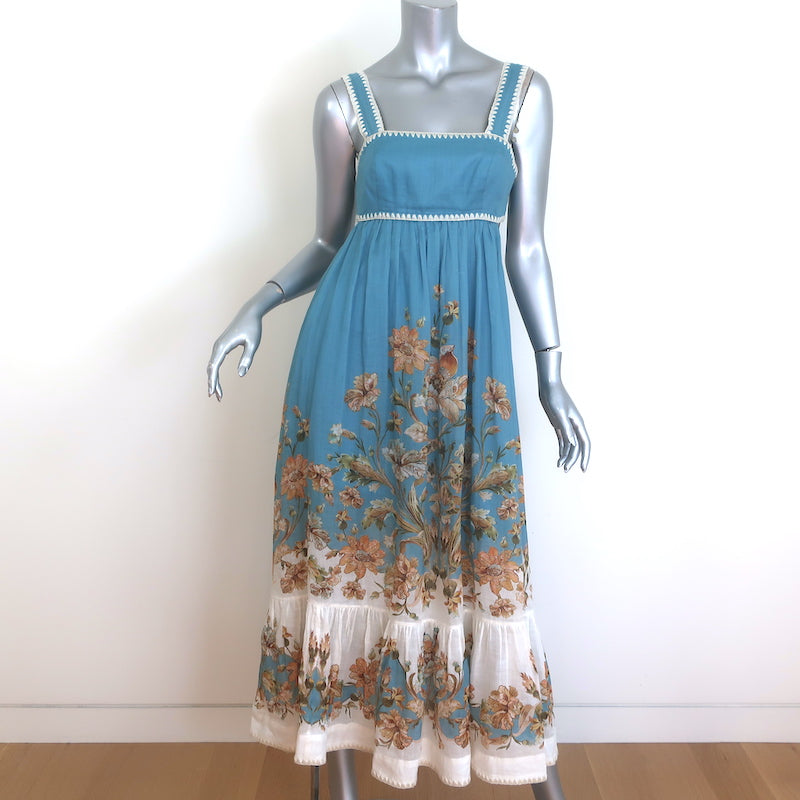 Zimmermann Chintz Tie-Back Midi Dress Blue Floral Print Ramie Size 1 Celebrity Owned Zimmermann Chintz Tie-Back Midi Dress Blue Floral Print Ramie Size 1 Celebrity Owned