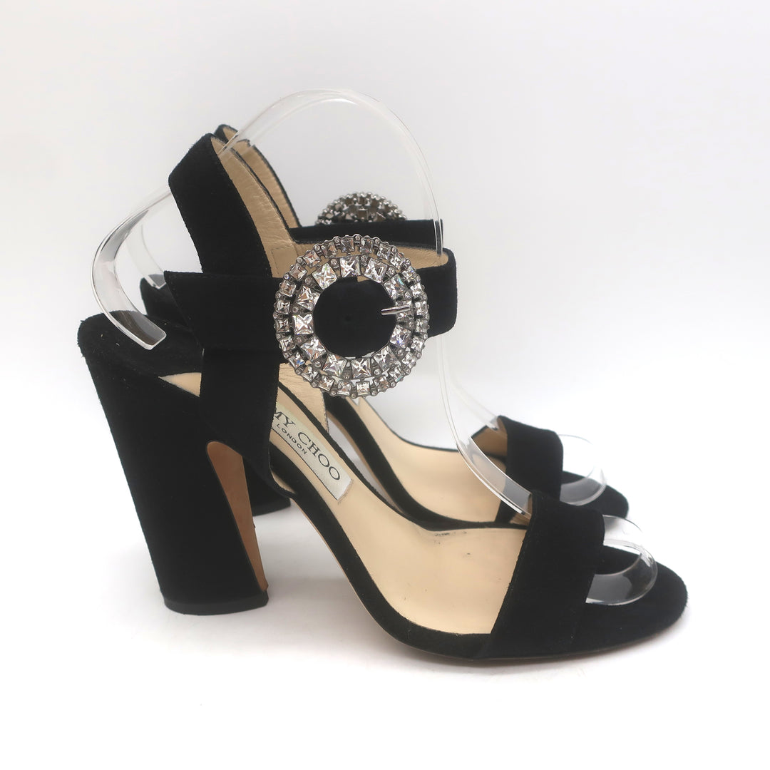 Jimmy Choo Mischa Crystal-Buckle Ankle Strap Sandals Black Suede 39