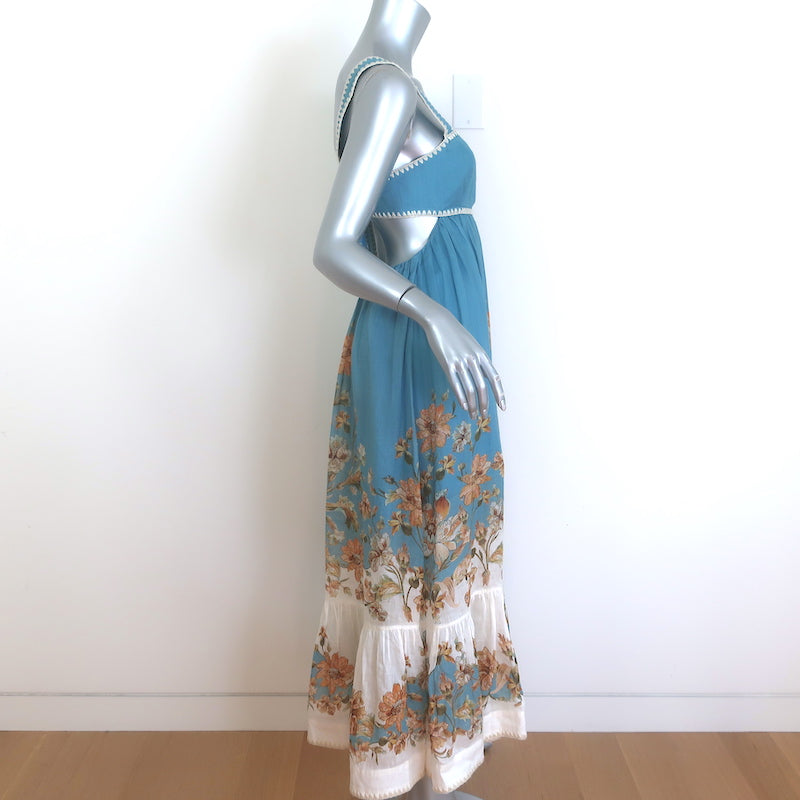 Zimmermann Chintz Tie-Back Midi Dress Blue Floral Print Ramie Size 1