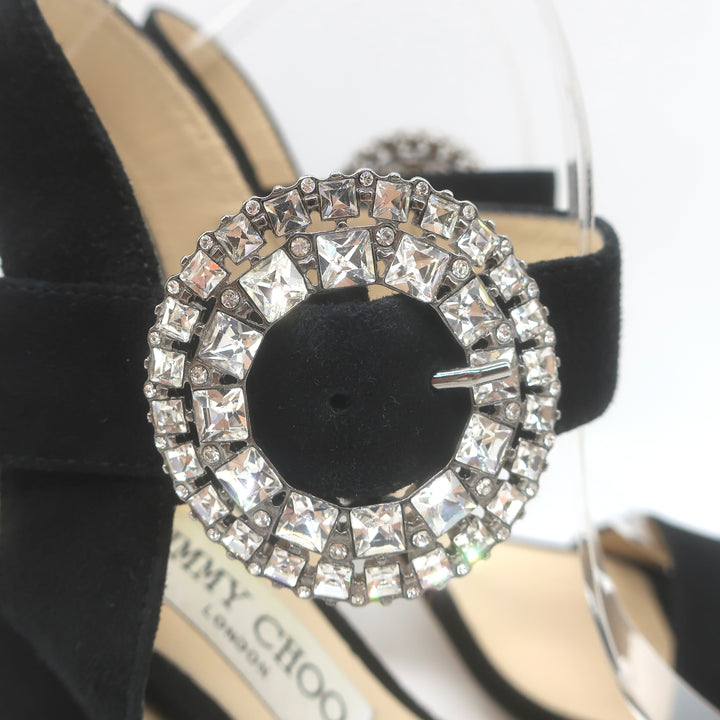 Jimmy Choo Mischa Crystal-Buckle Ankle Strap Sandals Black Suede 39