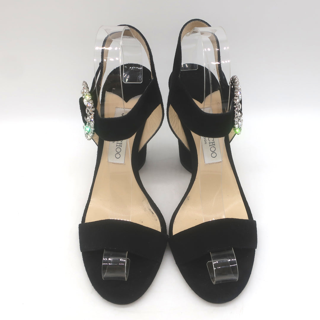 Jimmy Choo Mischa Crystal-Buckle Ankle Strap Sandals Black Suede 39