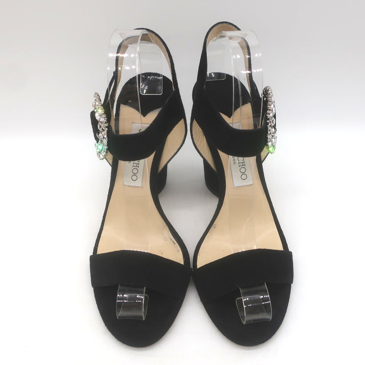 Jimmy Choo Mischa Crystal-Buckle Ankle Strap Sandals Black Suede 39