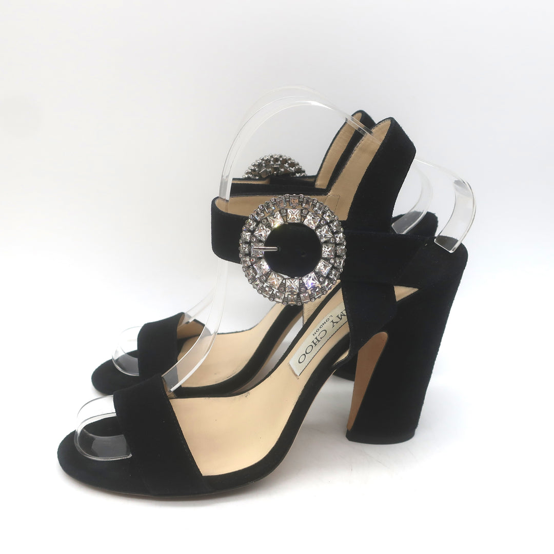 Jimmy Choo Mischa Crystal-Buckle Ankle Strap Sandals Black Suede 39
