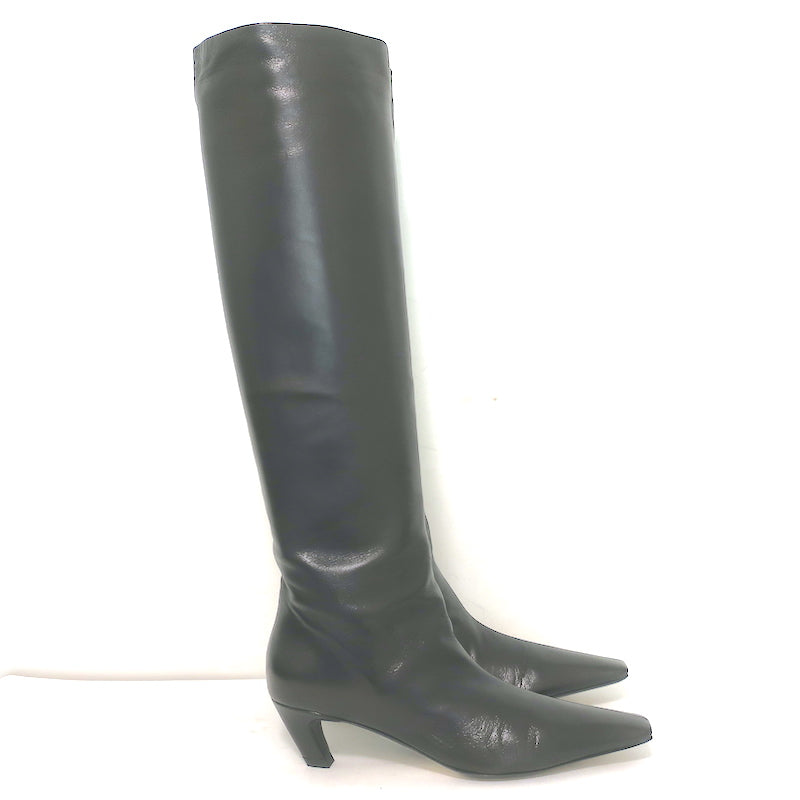 Khaite Davis Knee High Kitten Heel Boots Black Leather Size 38.5