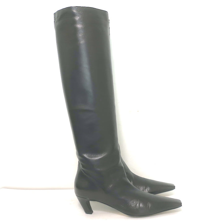 Khaite Davis Knee High Kitten Heel Boots Black Leather Size 38.5