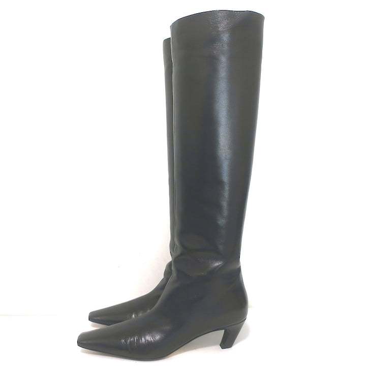 Khaite Davis Knee High Kitten Heel Boots Black Leather Size 38.5