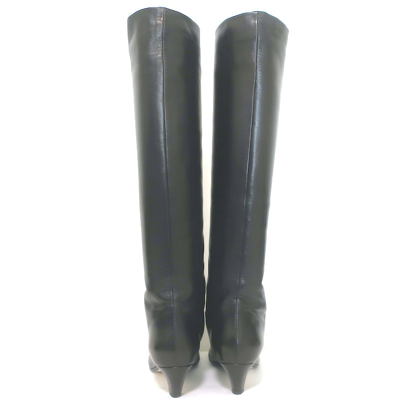 Khaite Davis Knee High Kitten Heel Boots Black Leather Size 38.5