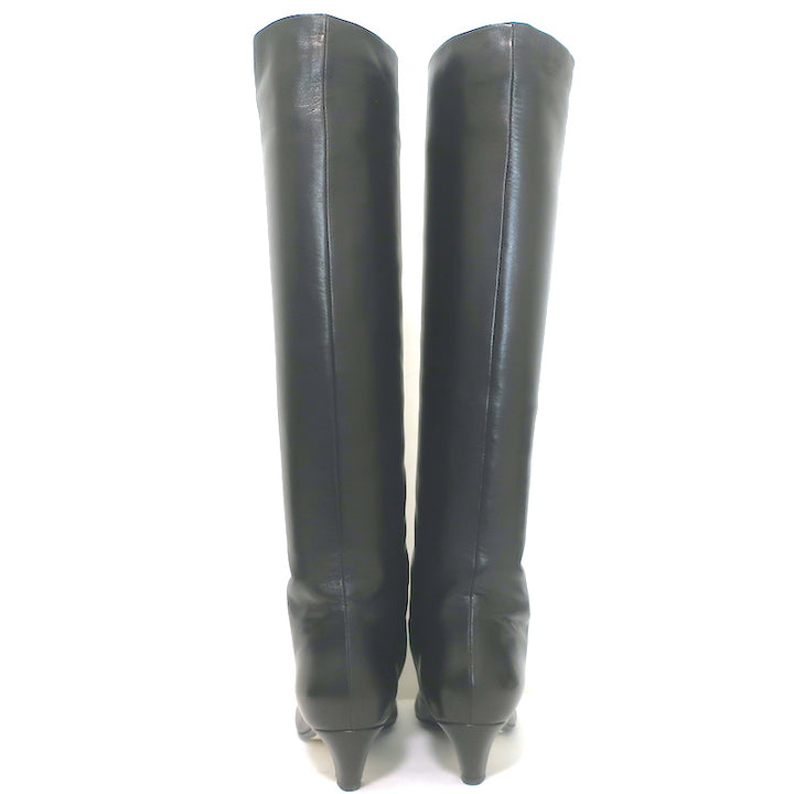 Khaite Davis Knee High Kitten Heel Boots Black Leather Size 38.5