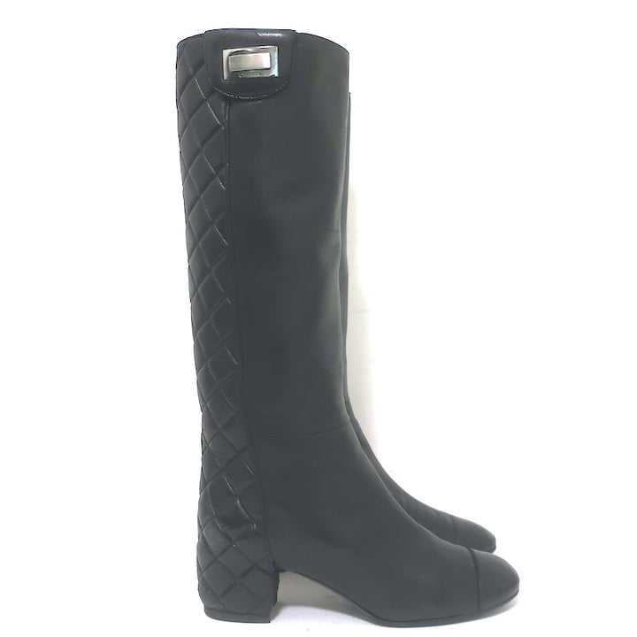 Chanel Quilted Leather Cap Toe Knee High Boots Black Size 39