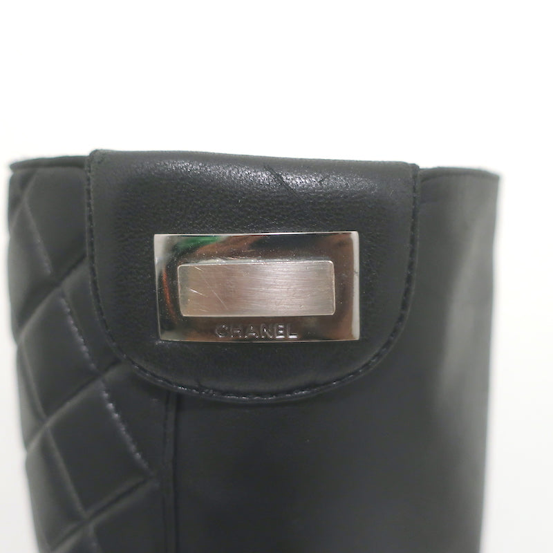 Chanel Quilted Leather Cap Toe Knee High Boots Black Size 39