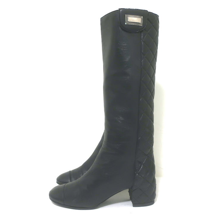Chanel Quilted Leather Cap Toe Knee High Boots Black Size 39