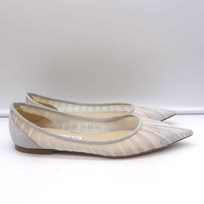 Jimmy Choo Love Glittered Tulle Pointed Toe Flats Silver Size 39