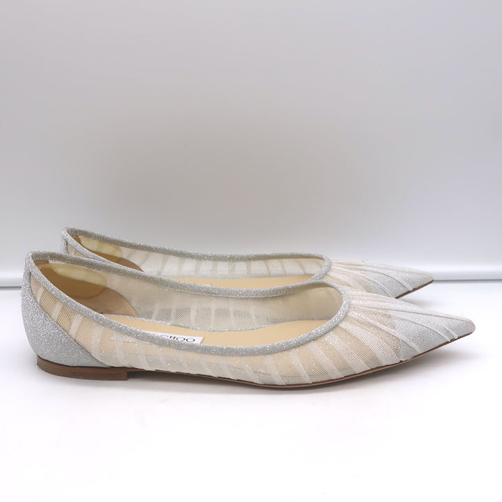 Jimmy Choo Love Glittered Tulle Pointed Toe Flats Silver Size 39