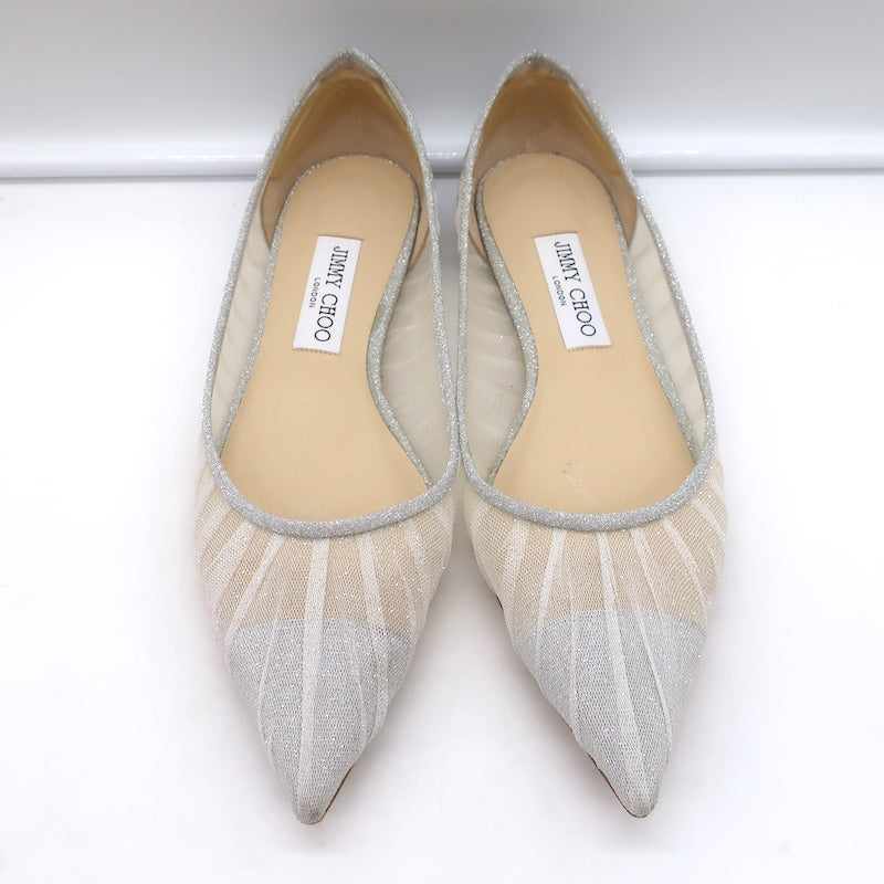 Jimmy Choo Love Glittered Tulle Pointed Toe Flats Silver Size 39