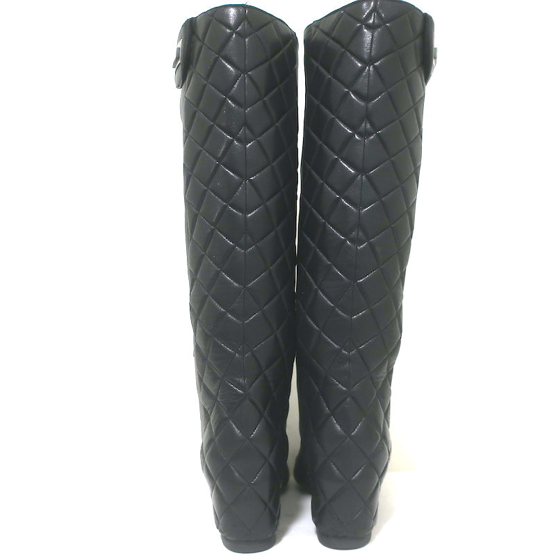 Chanel Quilted Leather Cap Toe Knee High Boots Black Size 39