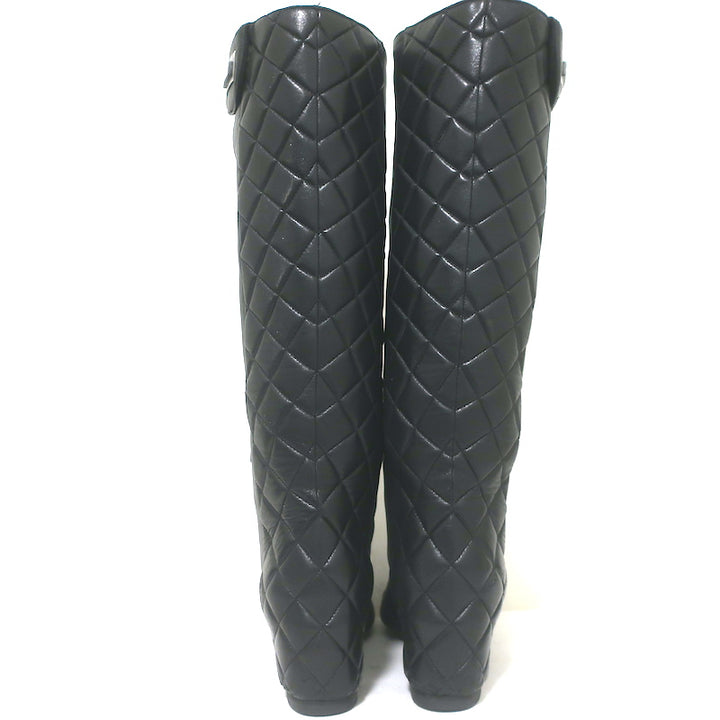 Chanel Quilted Leather Cap Toe Knee High Boots Black Size 39