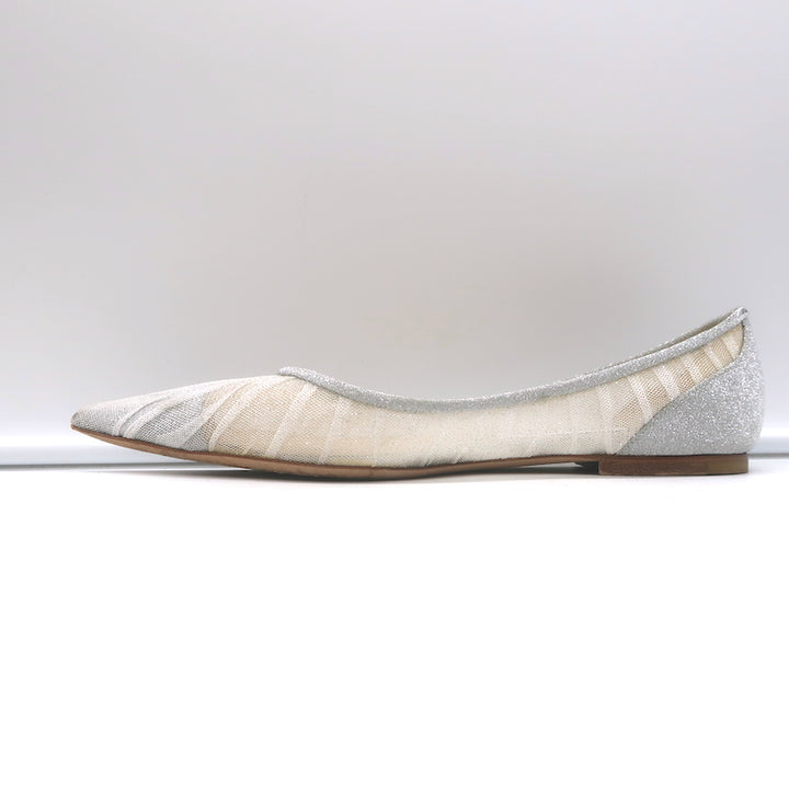Jimmy Choo Love Glittered Tulle Pointed Toe Flats Silver Size 39