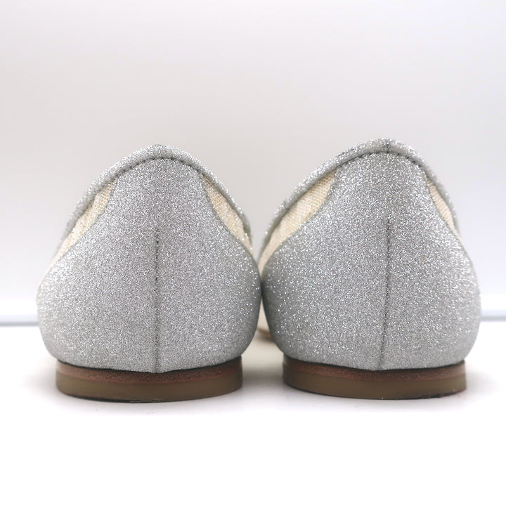Jimmy Choo Love Glittered Tulle Pointed Toe Flats Silver Size 39