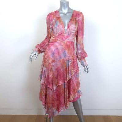 LoveShackFancy Meridian Asymmetric Midi Dress Rainbow Cloud Print Silk Size 6