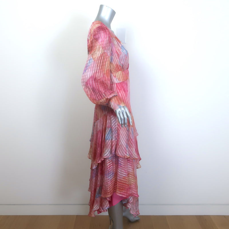 LoveShackFancy Meridian Asymmetric Midi Dress Rainbow Cloud Print Silk Size 6