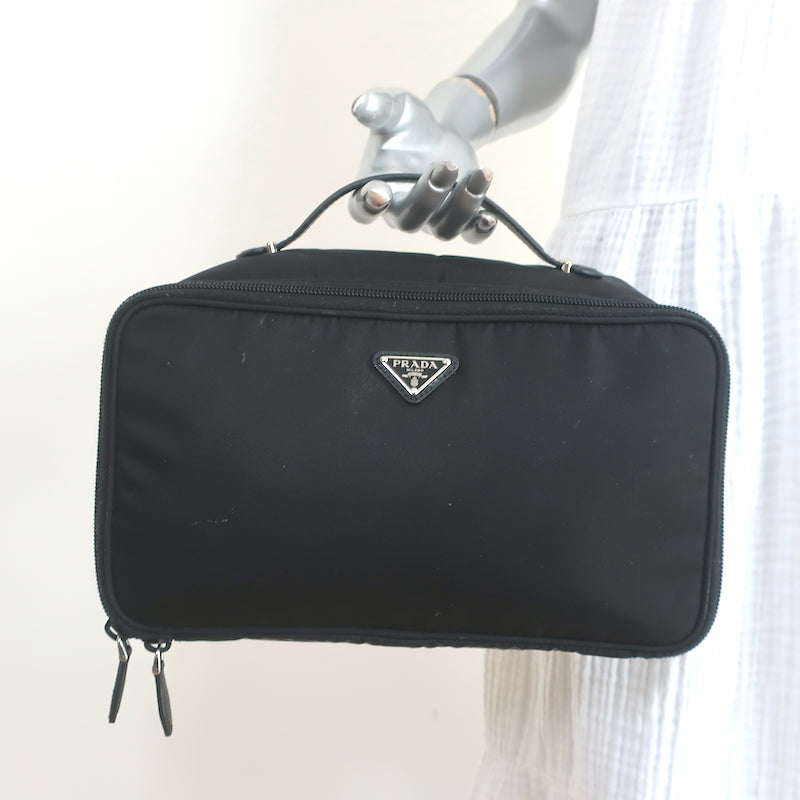 Prada Toiletry Bag Black Nylon & Saffiano Leather Top Handle