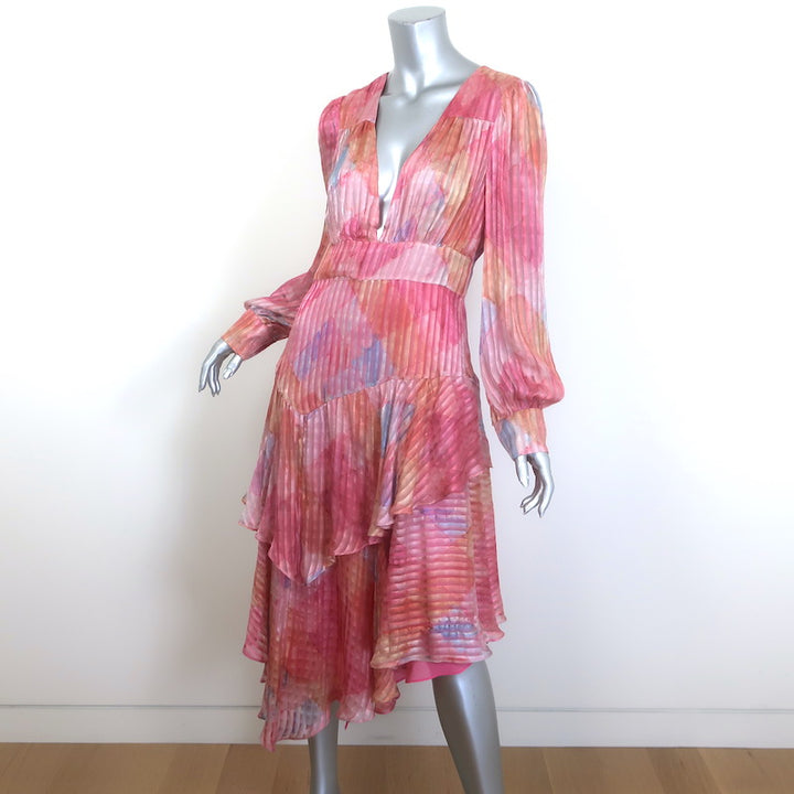LoveShackFancy Meridian Asymmetric Midi Dress Rainbow Cloud Print Silk Size 6