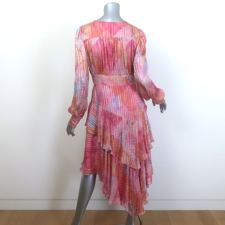 LoveShackFancy Meridian Asymmetric Midi Dress Rainbow Cloud Print Silk Size 6