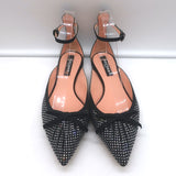 Rochas Rhinestone-Embellished Ankle Strap Bow Flats Black Satin Size 38.5