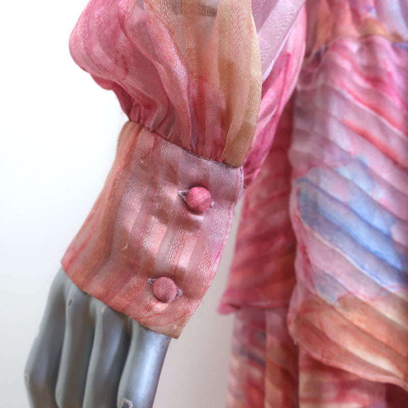 LoveShackFancy Meridian Asymmetric Midi Dress Rainbow Cloud Print Silk Size 6