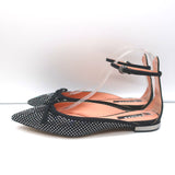 Rochas Rhinestone-Embellished Ankle Strap Bow Flats Black Satin Size 38.5